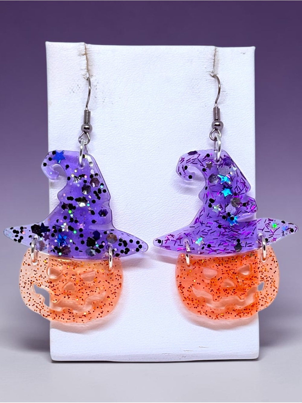 Purple Witch Hat & Orange Jack-o'-Lantern Dangle Earrings - Halloween